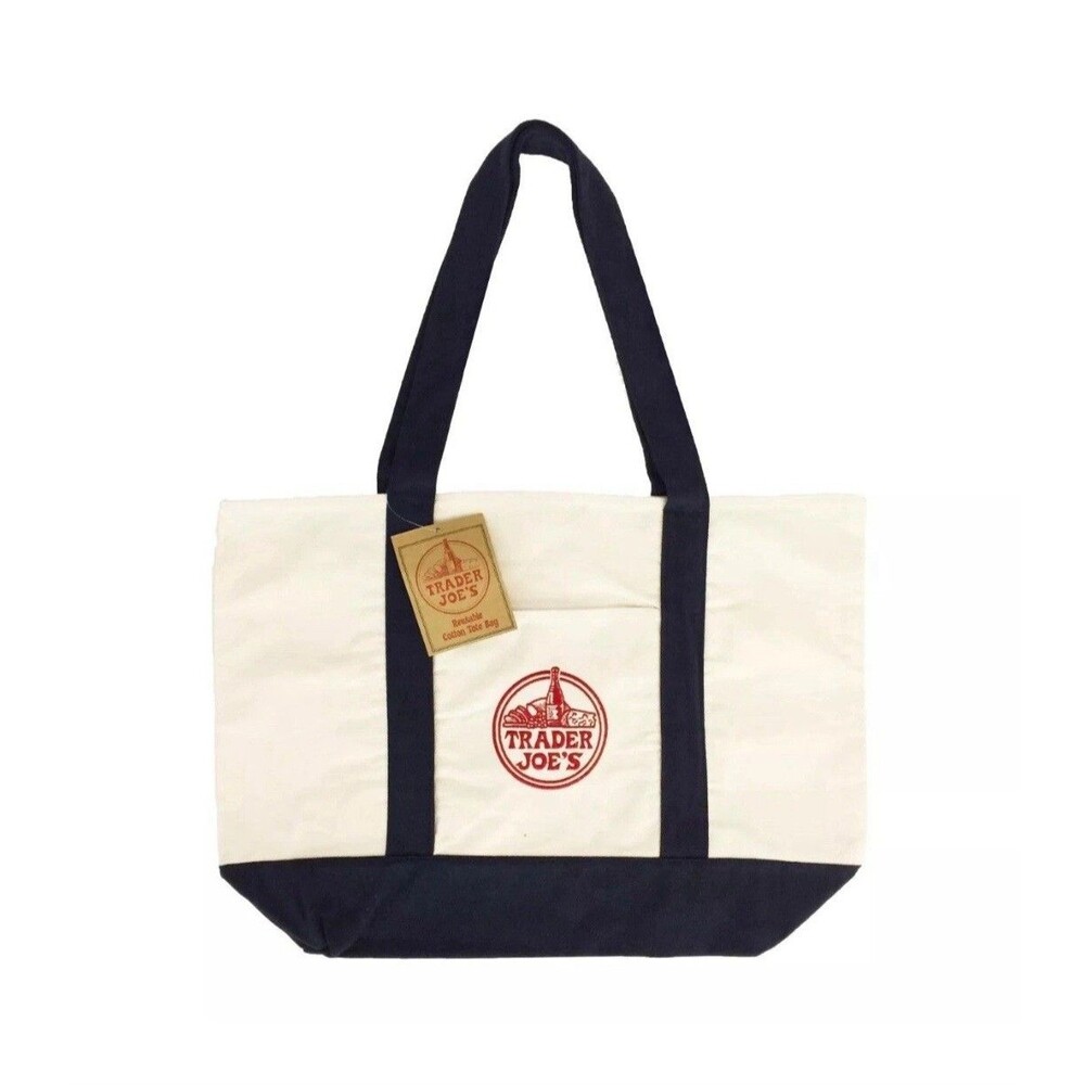 Trader Joe's Reusable Canvas Tote Bag Navy Blue Handles Cotton Grocery Beach NWT